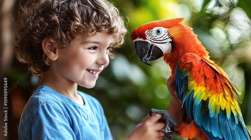 Poster vet showing a curious child how to gently hold their bird during a health examination stock photo wi