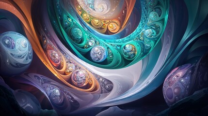 Abstract cosmic spheres and swirling ribbons of teal, gold, and purple hues, radiating depth and intricate textures