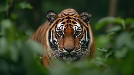 Fototapeta premium Majestic Tiger Close Up Wild Cat in Lush Jungle Foliage