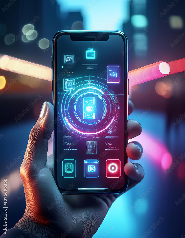 Poster a hand holds a smartphone displaying a futuristic interface with glowing app icons and a digital lan