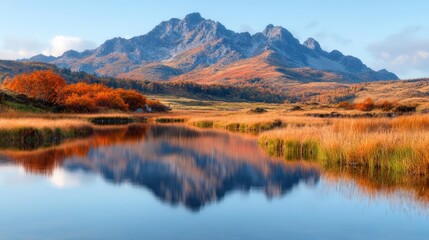 Obraz premium Serene Autumn Lake Reflecting Majestic Mountains
