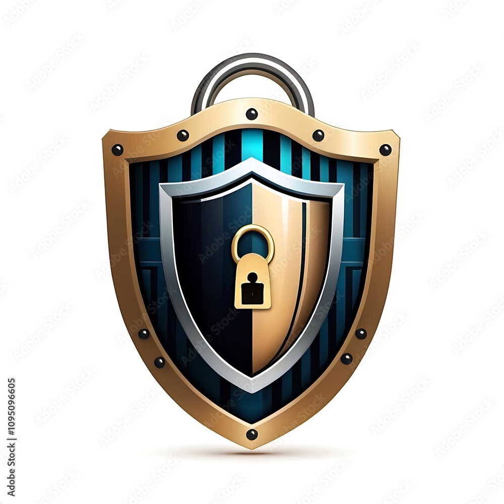 Poster cyber ​​security logo design with shield in stripes concept combined with padlock and keyhole icon. 