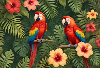 Tropical exotic pattern with animal and flowers in bright colors and lush vegetationn
