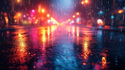 Rainy Night Cityscape with Blurry Lights Reflecting on Wet Pavement