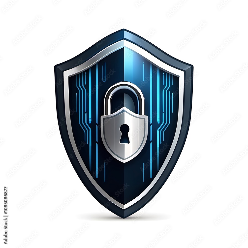 Poster cyber ​​security logo design with shield in stripes concept combined with padlock and keyhole icon. 