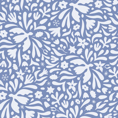 Merry Christmas winter botanical seamless pattern. Floral new year vector background with trendy minimal plant, bird, snowflake, leaves shapes