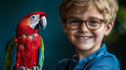 Veterinarian smiling warmly at a young boy holding his nervous parrot during an exam Stock Photo with side copy space