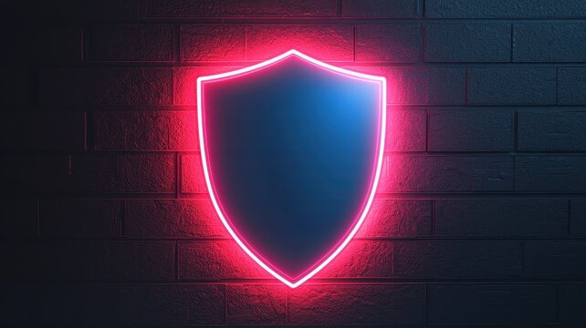 Social Media Regulation Concept. A glowing neon shield emblem on a dark brick wall, symbolizing protection and security in a modern style.