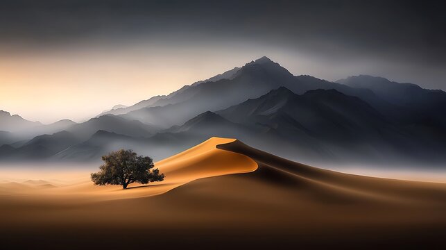 A recumbent landscape of a vast desert with sand dunes flowing in sweeping patterns, photographed from above to show the undulating curves of the terrain and the contrast between light and shadow. 