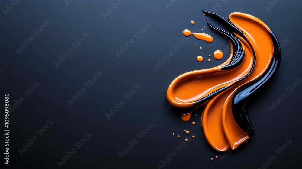 Poster abstract design of vibrant orange and black paint flowing on a dark surface creating a striking cont