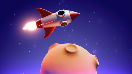 3d red and silver colored Rocket flying around the moon or asteroid on purple blue space universe