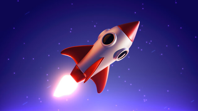 3d red and silver colored Rocket flying in the purple blue space universe, with starry background and cartoon style