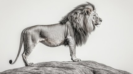 A majestic lion stands proudly on a rock, showcasing its strength and beauty in a monochrome style.