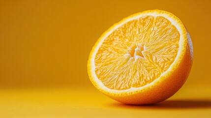 Fototapeta premium Freshly Cut Orange Half with Juicy Segments on Bright Yellow Background, Perfectly Displaying Vibrant Colors and Natural Textures for Food Photography