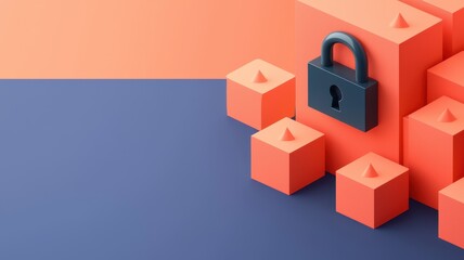 Social Media Regulation Concept. A stylized illustration of a padlock surrounded by geometric blocks, representing security and protection in a vibrant color palette.