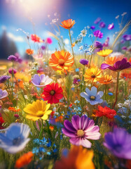 Obraz premium A vibrant field of colorful wildflowers basking in the bright sunlight