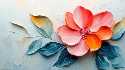 Abstract oil painting of a delicate flower and vibrant leaf with textured brushstrokes on a clean white background, emphasizing organic beauty and calming elegance for greeting card designs.