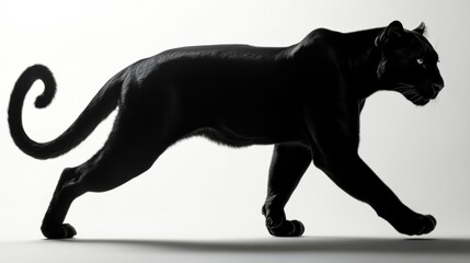 A sleek black panther in profile, showcasing its graceful movement against a light background.
