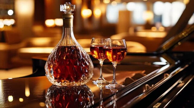 Elegant decanter and glasses of amber liquor on a grand piano in a luxurious lounge setting