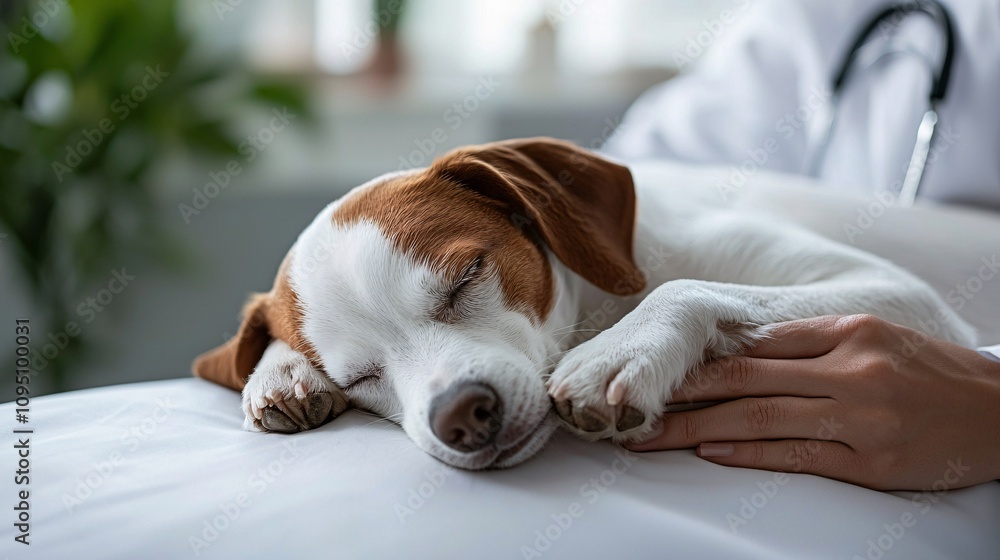 Aufkleber Puppy resting calmly on a vet's hands with soft glowing background representing love and security Stock Photo with side copy space