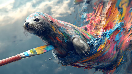 big colorful fur seal emerging from an artist s paint brush