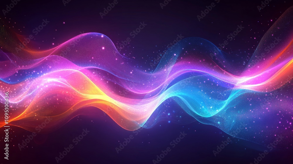 Poster abstract colorful glowing wave with particles.