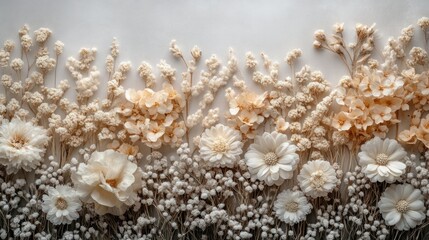 Fototapeta premium Minimalistic aesthetic composition of dried white flowers and leaves with delicate natural textures on soft neutral background, highlighting intricate botanical beauty for nature-inspired designs and 