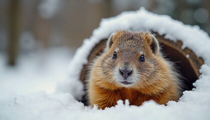 Obraz premium Cute Squirrel with Curious Expression Peeking from Snowy Burrow against Winter Background