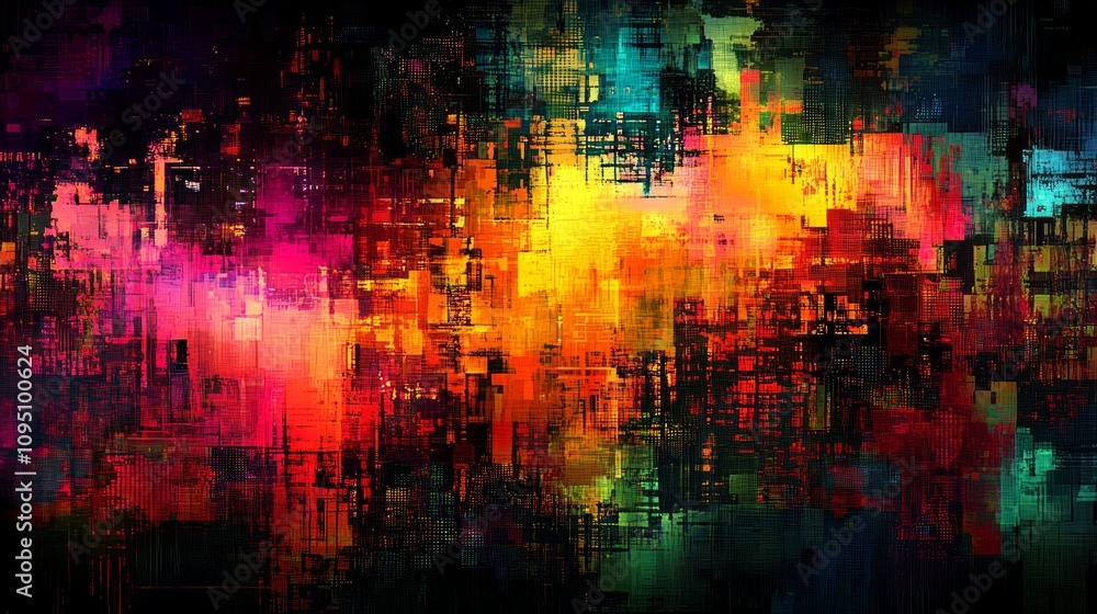 Poster abstract colorful glitch art background with vibrant hues and textured patterns.