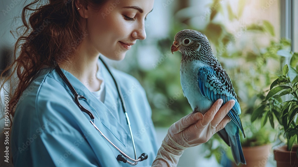 Aufkleber veterinarian gently checking a bird with a stethoscope in a serene clinic setting symbolizing trust 