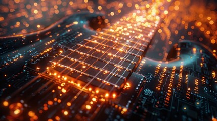 Fototapeta premium Futuristic electric guitar with glowing circuits.