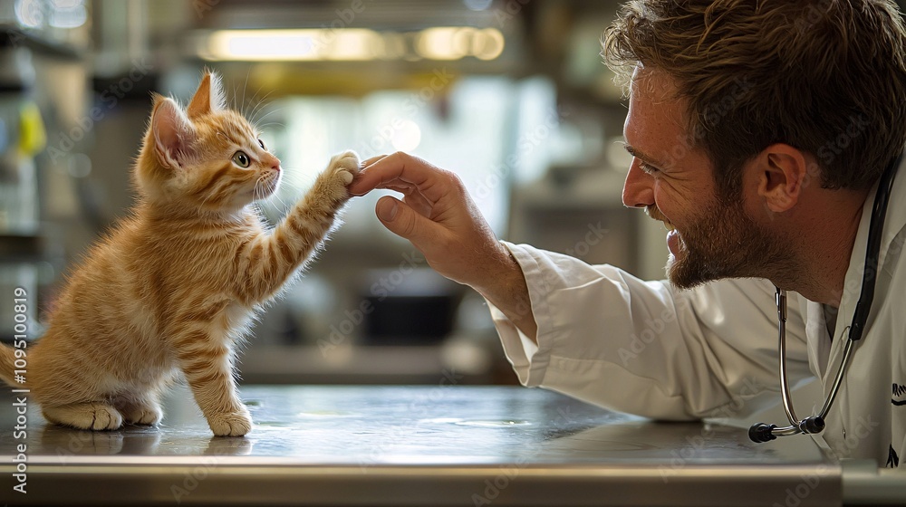 Aufkleber Playful kitten reaching out to a smiling vet during a checkup symbolizing connection and compassion Stock Photo with side copy space