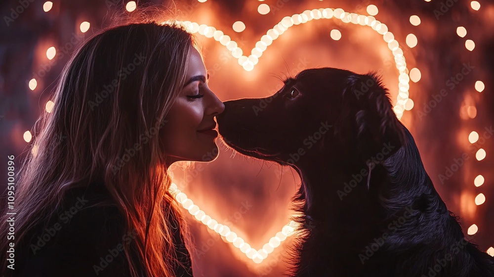 Poster veterinarian with a glowing heart symbol in the background gently examining a pet representing love 