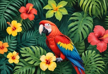 Tropical exotic pattern with animal and flowers in bright colors and lush vegetationn