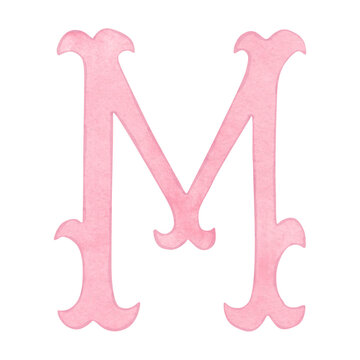 Watercolor vintage pink letter M, alphabet for crest design