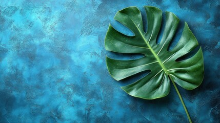 Serene Tropical Leaf on Blue Background: A Study in Green and Teal