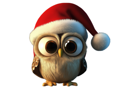 Cartoon Owl Face with Santa Hat, Transparent Background - Powered by Adobe