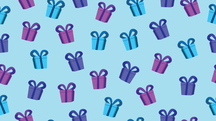 Gift boxes seamless pattern background. Cyan, blue, purple gift boxes motif with ribbons.
