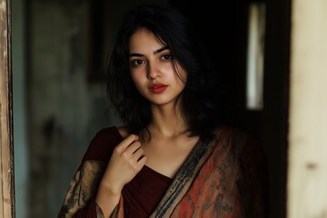 Fototapeta premium Indian woman holding a handwoven cotton shawl, standing in a minimal, earthy space. --ar 3:2 --personalize v73lhwr --v 6.1 Job ID: 922f0f3b-d516-4d1e-a415-74a9e92032b5