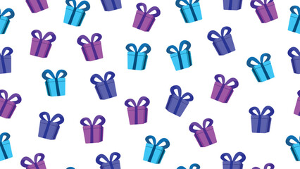 Gift boxes seamless pattern on white  background. Cyan, blue, purple gift boxes motif with ribbons.