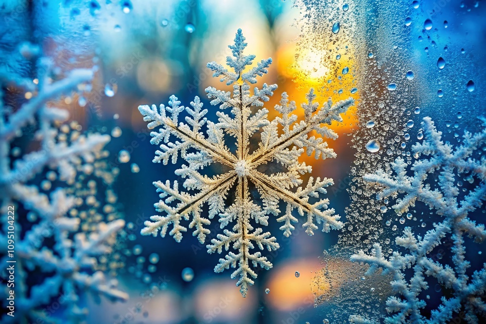 Poster stunning close-up of a snowflake pattern on a frosted windowpane highlighting the intricate beauty o