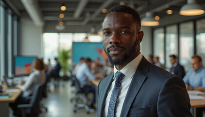 Fototapeta premium Confident African American Businessman Standing in Modern Office Environment