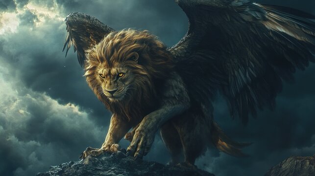 A hybrid creature with the body of a lion animal and the wings and talons of a golden eagle on a rocky cliff peak background wallpaper AI generated image