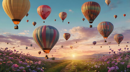 Obraz premium A serene landscape with heart-shaped hot air balloons floating against a pastel-colored sky during sunrise, with a meadow of blooming flowers below.
