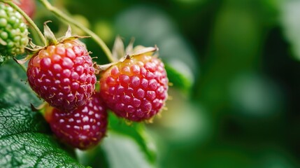 Two ripe raspberries growing on a green leafy branch