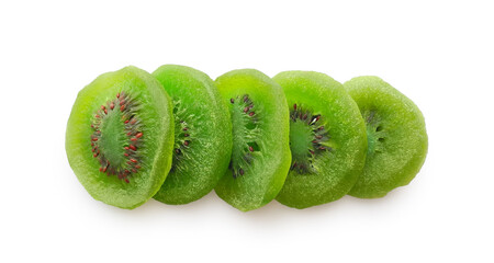 Dried kiwi slices in a row isolated on white background top view. Healthy snack, vegetarian sweets.	