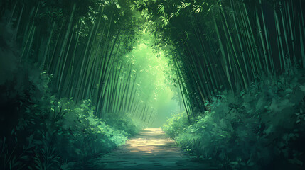 Obraz premium Zen tranquility symmetrical path through lush bamboo forest, green depths of serenity calm journey exploration serene greenery. Emerald Forest Pathway. Illustration