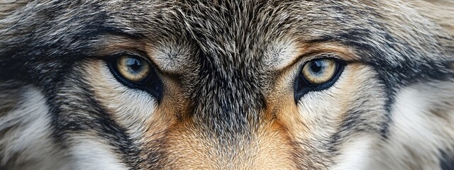 A close-up of the face and head of an American gray wolf, with its eyes looking directly at you in front of it