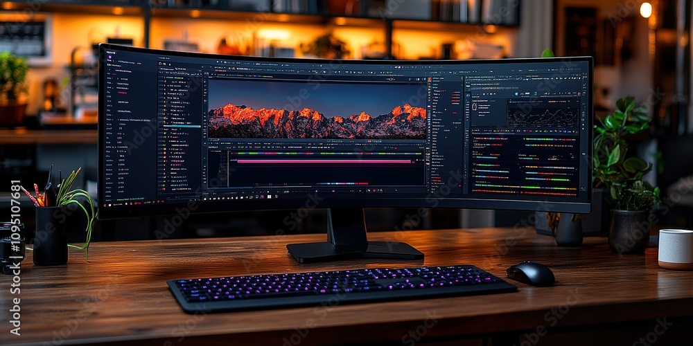 Aufkleber high-resolution curved monitor setup for creative editing in a modern workspace