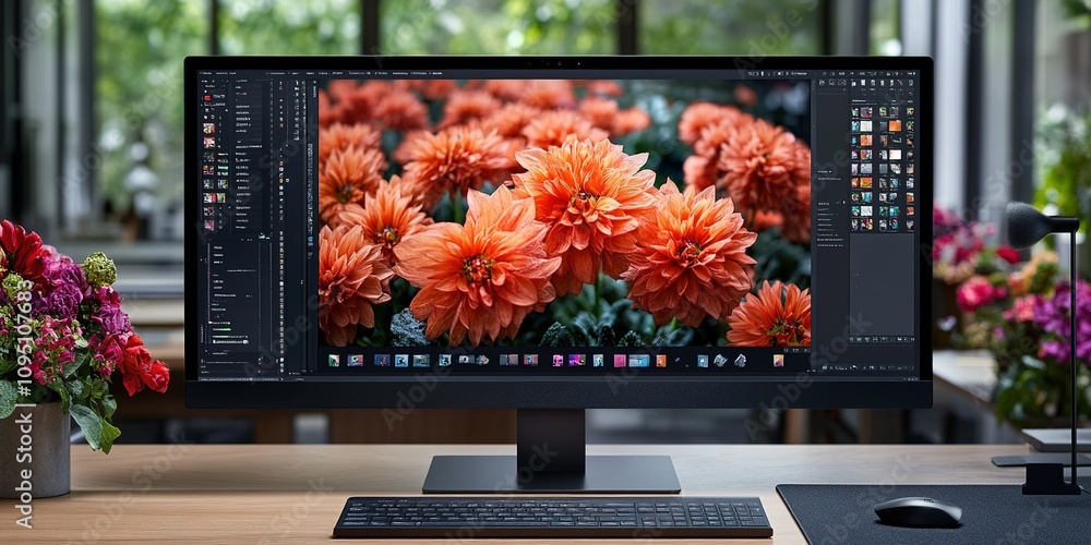 Poster bright orange flowers displayed on a large computer monitor in a modern workspace with greenery